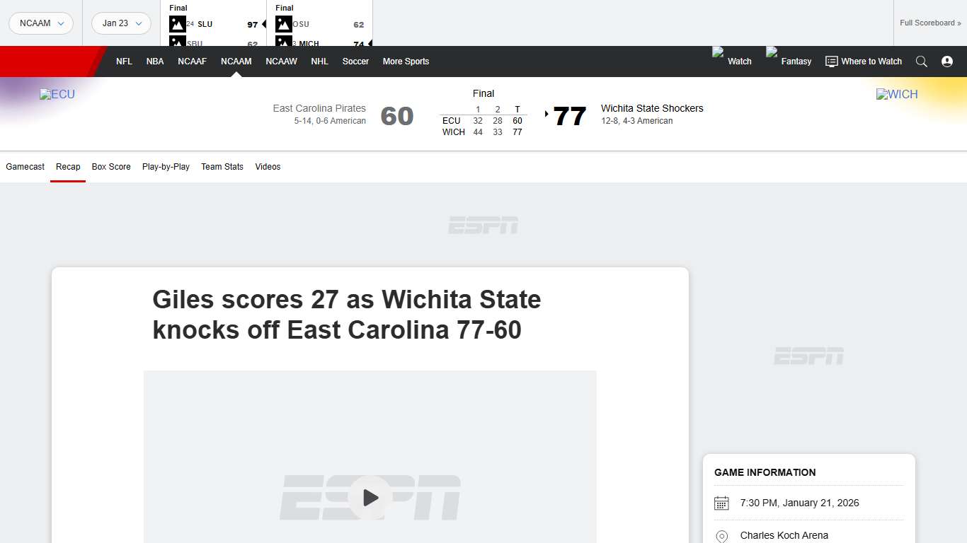 Wichita State 77-60 East Carolina (Jan 21, 2026) Game Recap - ESPN